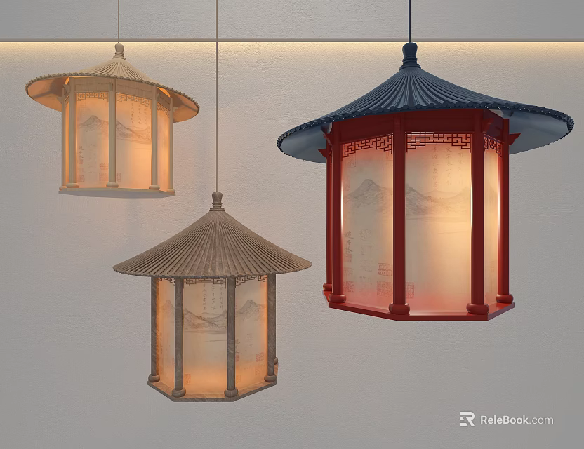 Chinese Style Chandeliers With Pagoda Style Tops And Landscape Patterns In Different Colors 3d model 