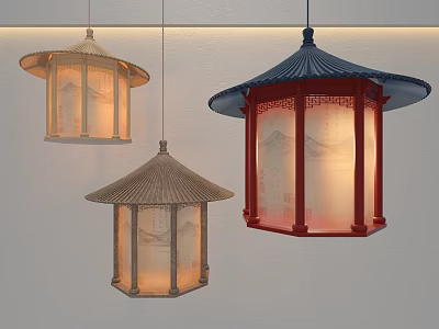 Chinese Style Chandeliers With Pagoda Style Tops And Landscape Patterns In Different Colors 3d model