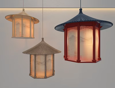 Chinese Style Chandeliers With Pagoda Style Tops And Landscape Patterns In Different Colors 3d model