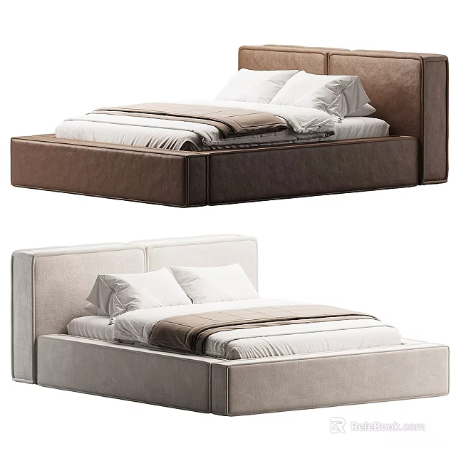 Modern Upholstered Double Bed Design With Platform Frame And Linen Bedding 3d model 