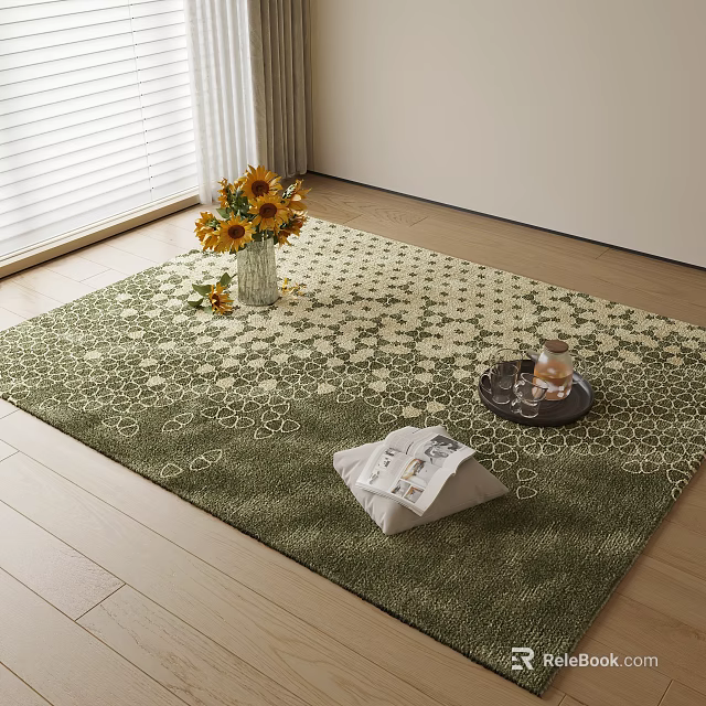 Green Patterned Square Rug On Wooden Floor With Sunflower Vase Tray And Newspaper 3d model 