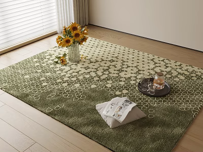 Green Patterned Square Rug On Wooden Floor With Sunflower Vase Tray And Newspaper 3d model