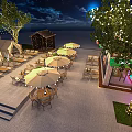 Outdoor Restaurant Nighttime Ambiance With Wooden Cabin Decor Outdoor Seating Umbrellas Trees And Neon Signage