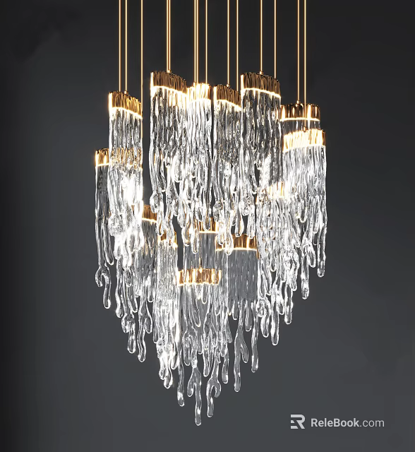 Modern Crystal Chandelier with Icicle Shaped Transparent Glass and Golden Metal Hanging Decor 3d model 