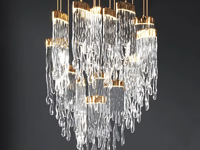 Modern Crystal Chandelier with Icicle Shaped Transparent Glass and Golden Metal Hanging Decor 3d model