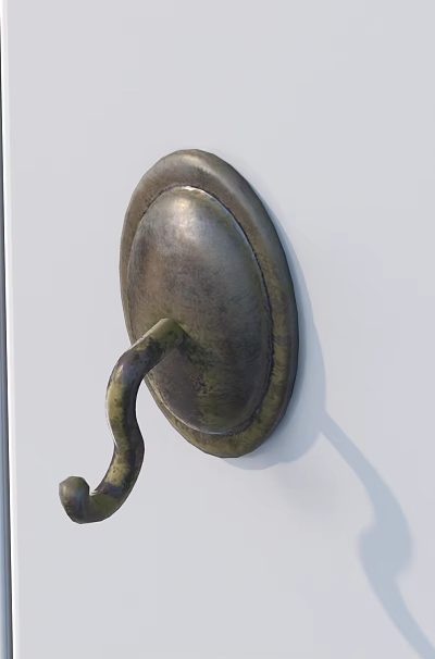 Antique Brass Decorative Hook Mounted On Smooth White Wooden Door Surface 3d model