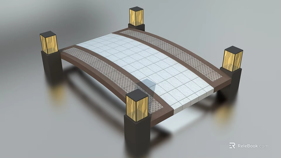 Modern Bridge Design With White Tiled Surface Brown Railings And Black Lamp Posts 3d model