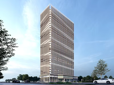 Modern High Rise Office Building With Glass Facade Surrounding Trees And Parked Vehicles 3d model