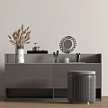 Modern Gray Console Table With Pampas Grass Circular Mirror And Metal Stool 3d model