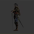Game And Movie Character Wearing Medieval Armor Holding Sword Standing Firmly
