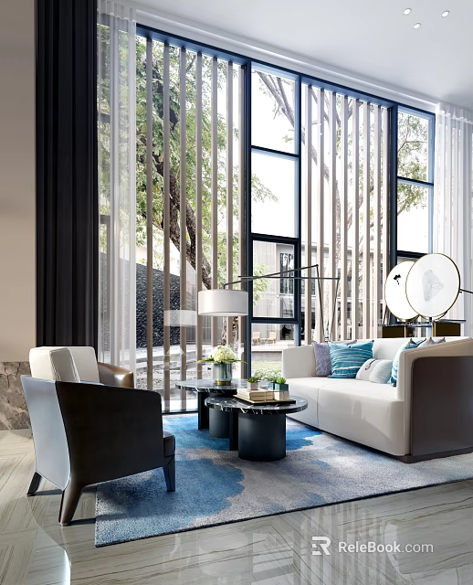 Modern Sofa And Coffee Table Set With White Upholstery Black Tabletop And Large Windows 3d model