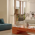 Living Room Interior With Blue White Sofas Wooden Coffee Table Large Windows And Gray Ottomans