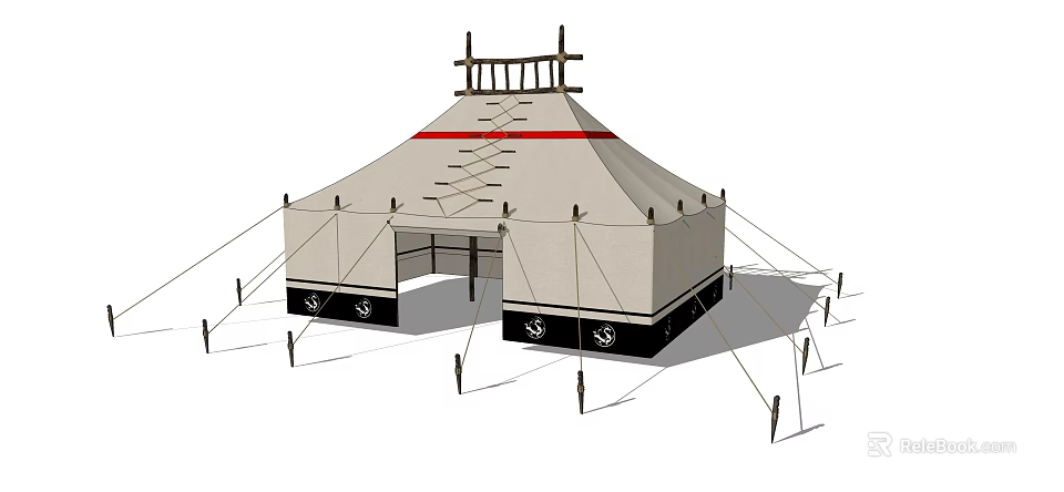 Traditional Decorative Tent with Beige Fabric Black Base Ropes Decorative Top Structure and Emblems 3d model 