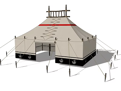 Traditional Decorative Tent with Beige Fabric Black Base Ropes Decorative Top Structure and Emblems 3d model