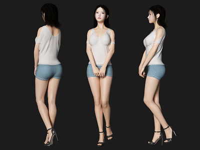 Woman in White Off Shoulder Top and Blue Denim Shorts with Black High Heels 3d model