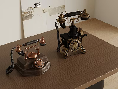 Two Vintage Office Phones Placed On Wooden Desk With Classic Design 3d model