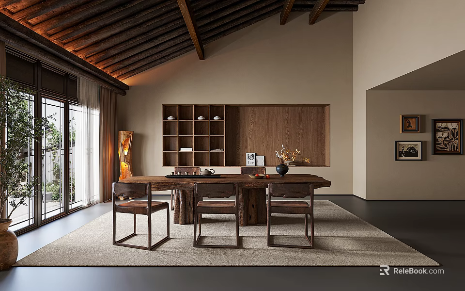 Traditional Tea Room Interior With Wooden Ceiling Beams Long Table Chairs And Natural Light 3d model 