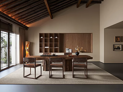Traditional Tea Room Interior With Wooden Ceiling Beams Long Table Chairs And Natural Light 3d model