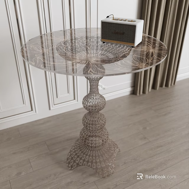 Round Side Table In Modern Interior With Transparent Patterned Top And Metal Wireframe Base 3d model 