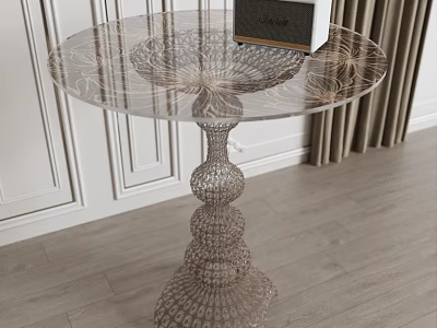 Round Side Table In Modern Interior With Transparent Patterned Top And Metal Wireframe Base 3d model