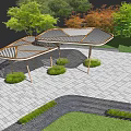 Modern Outdoor Pergola With Metal Frame Lattice Roof And Garden Greenery Red Foliage Stone Pavement