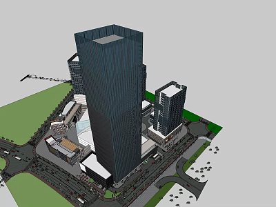 Modern Commercial Complex With High Rise Towers Surrounding Roads And Green Spaces 3d model