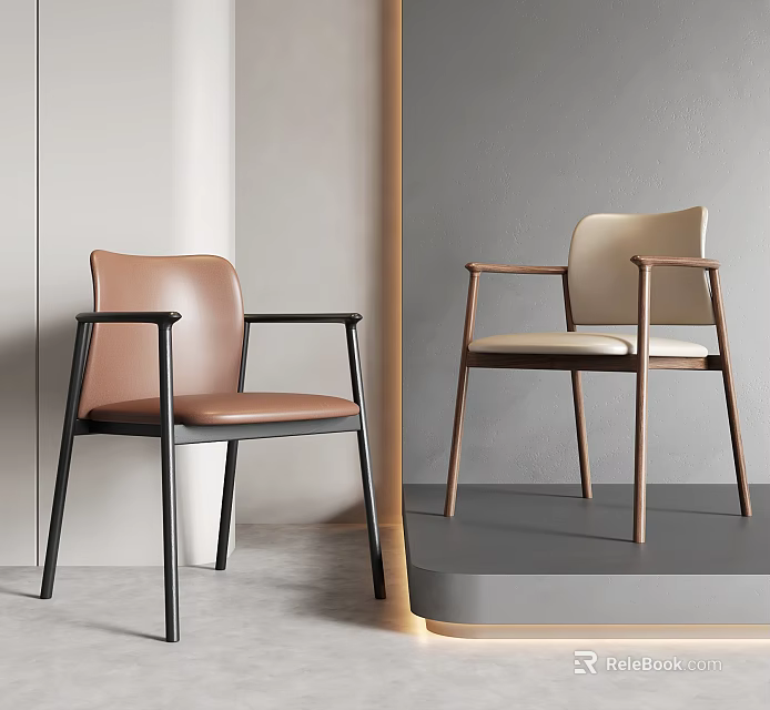 Stylish Leisure Chairs Featuring Brown Leather And Beige Fabric Seats With Metal And Wooden Legs 3d model 