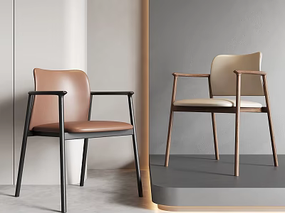 Stylish Leisure Chairs Featuring Brown Leather And Beige Fabric Seats With Metal And Wooden Legs 3d model
