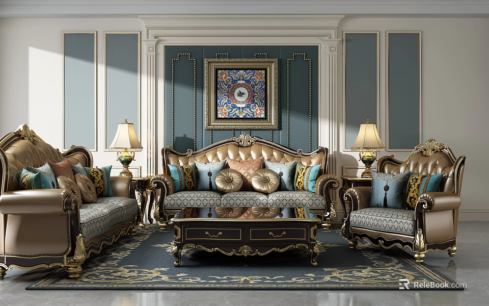 Luxurious European Style Sofa Coffee Table Set With Ornate Lamps Decorative Painting And Carpet 3d model 