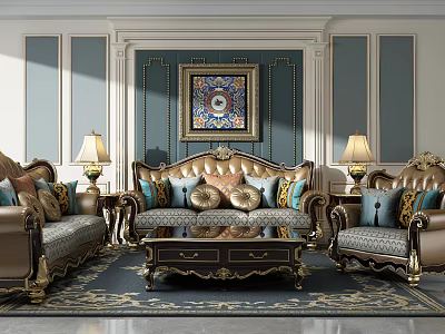 Luxurious European Style Sofa Coffee Table Set With Ornate Lamps Decorative Painting And Carpet 3d model