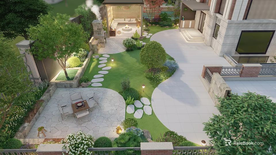 Stunning Courtyard Garden Featuring Lawn Stone Pathway Patio Seating Pergola And Outdoor Lighting 3d model 
