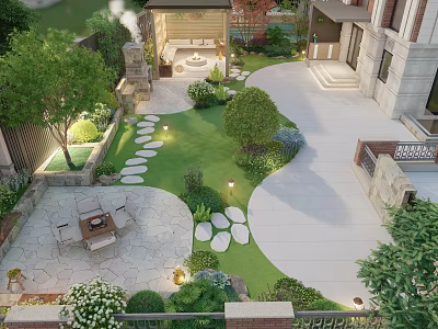Stunning Courtyard Garden Featuring Lawn Stone Pathway Patio Seating Pergola And Outdoor Lighting 3d model