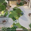 Stunning Courtyard Garden Featuring Lawn Stone Pathway Patio Seating Pergola And Outdoor Lighting