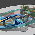 Children's Play Area With Wooden Wavy Structure Colorful Ground Climbing Elements And Trees