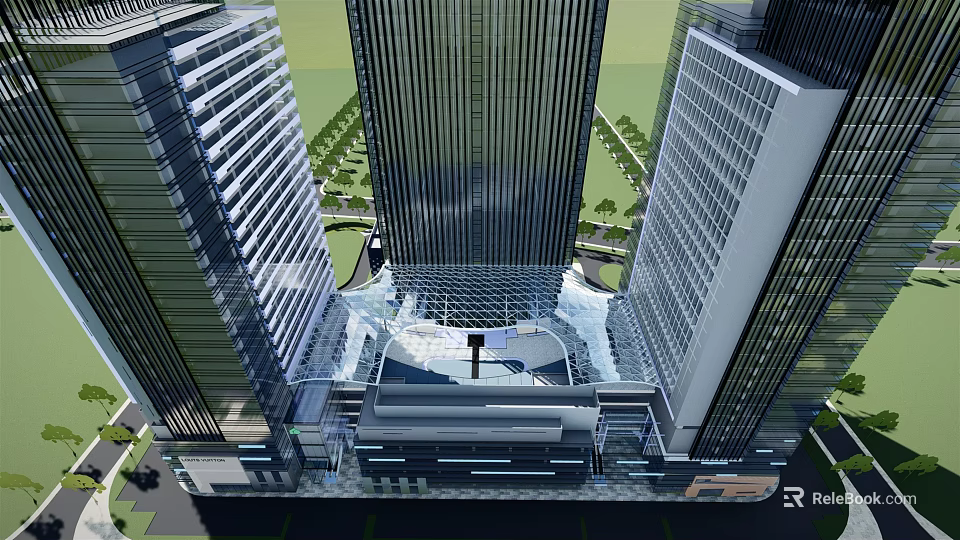 Tall Modern Office Building With Glass Curtain Walls Central Plaza And Greenery 3d model 