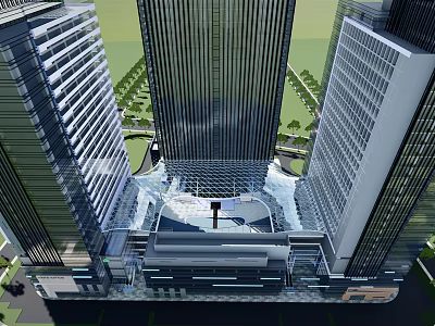 Tall Modern Office Building With Glass Curtain Walls Central Plaza And Greenery 3d model