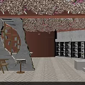 Interior With Flower Adorned Ceiling Orange Walls Stone Bookshelf Wooden Tables And Refrigerated Cases