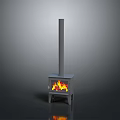 Modern Wood Stove Design With Tall Chimney And Burning Flames