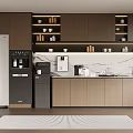 Modern Kitchen With Dark Cabinets Coffee Machine And Microwave Marble Countertop Striped Rug On Floor