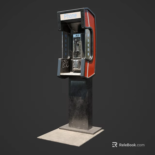 Classic Red And Black Public Telephone Booth With Glass Panels And Metal Base 3d model 
