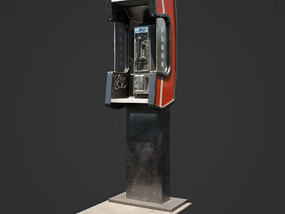 Classic Red And Black Public Telephone Booth With Glass Panels And Metal Base 3d model