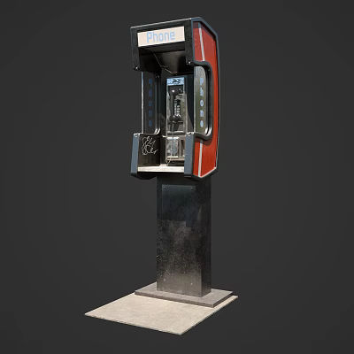 Classic Red And Black Public Telephone Booth With Glass Panels And Metal Base 3d model