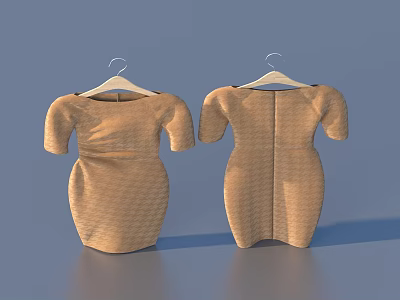 Light Brown Fitted Dresses With Wavy Pattern And Short Sleeves On Hangers 3d model
