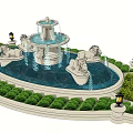 Ornate Three Tiered Fountain With Lion Statues Lamp Posts And Surrounding Greenery