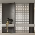Modern Room Divider With Glass Block Panels And Gold Decorative Figurine