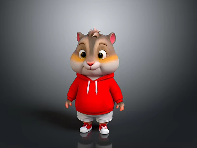 Cute Cartoon Hamster Character Wearing Red Hoodie And White Shorts Against Gray Background 3d model