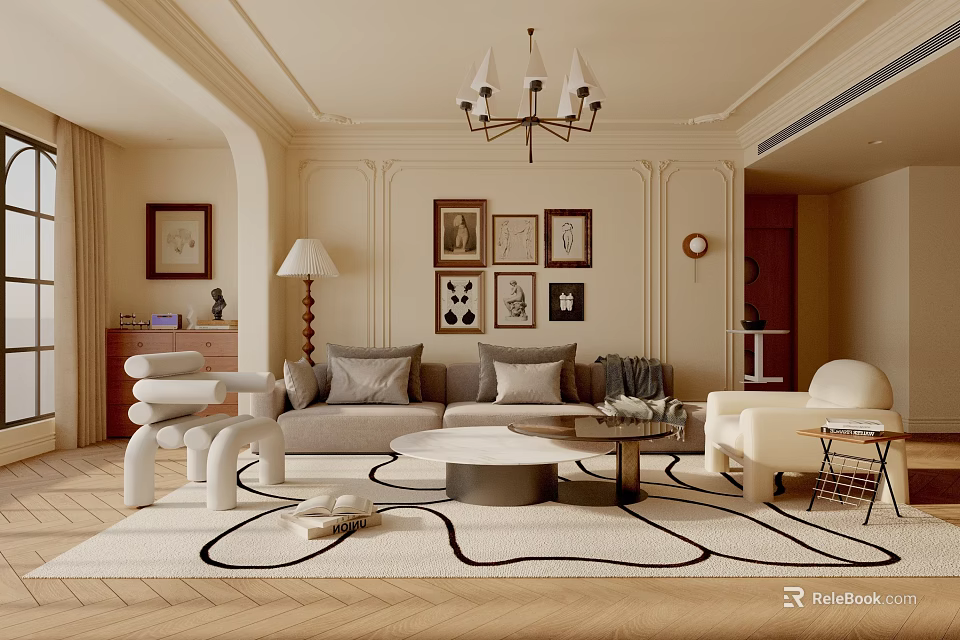 Beige Tone Living Room Interior With Chandelier Framed Artworks Sofa Armchair And Rug 3d model 