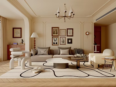 Beige Tone Living Room Interior With Chandelier Framed Artworks Sofa Armchair And Rug 3d model