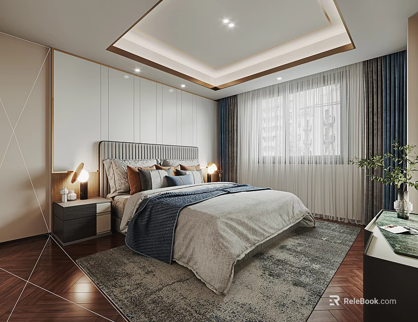 Modern Bedroom Interior With White Paneled Wall Nightstands Lamps And Area Rug 3d model 
