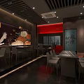 Modern Restaurant Interior Design With Dining Tables Chairs Ceiling Lights And Decorative Paintings